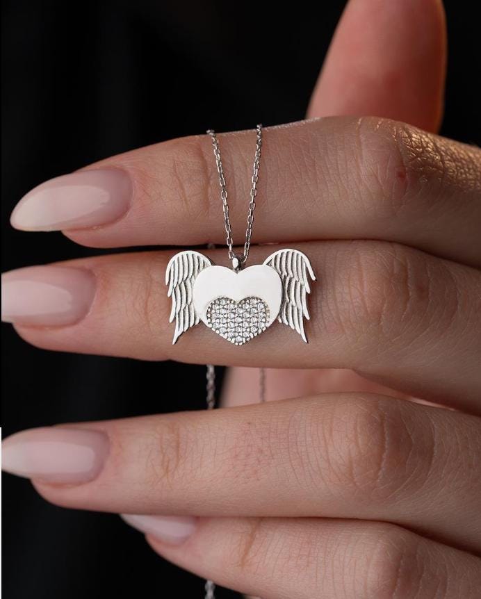 925 Sterling Silver Rhodium Flying Heart Necklace | Zircon Dainty Pendant