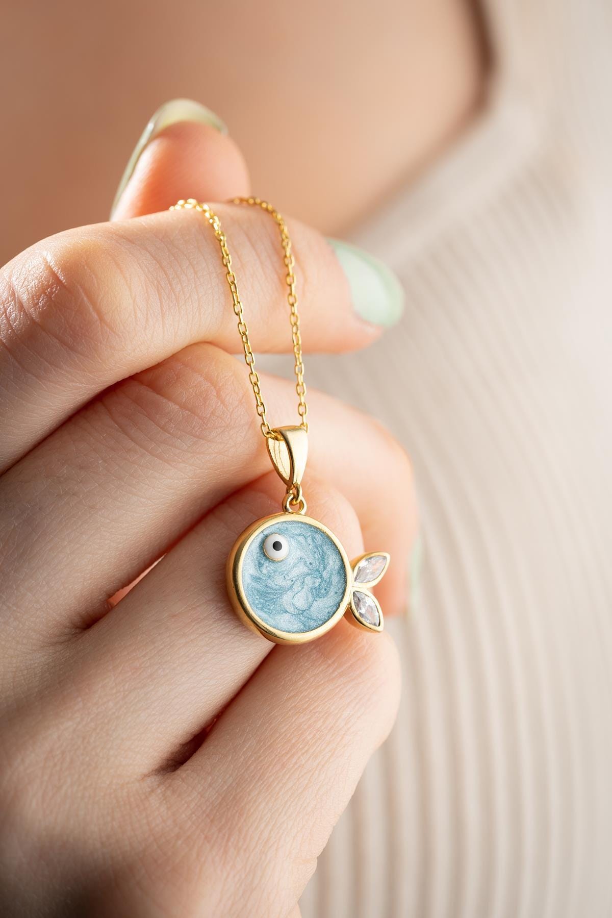 925 Sterling Silver 14K Gold Plated Fish Necklace | Blue Enamel Zircon