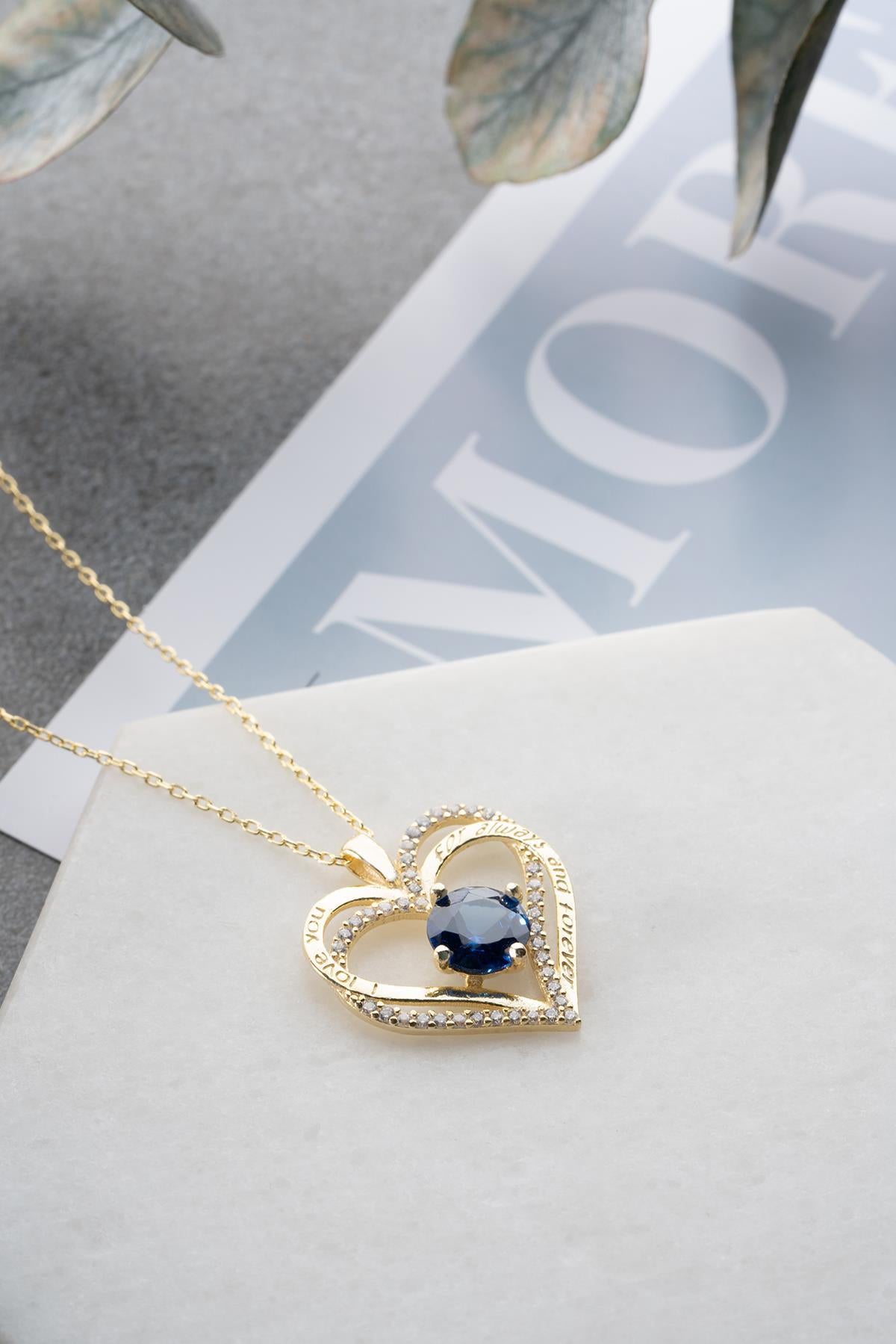 Blue Heart Necklace 925 Sterling Silver | 14K Gold Plated Double Heart Gift for Her