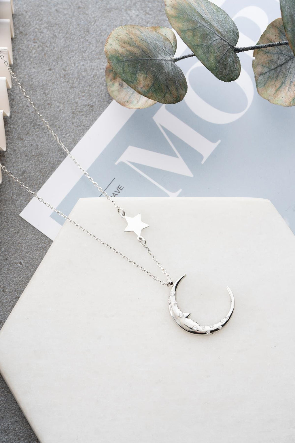 925 Sterling Silver Moon Star Necklace | Rhodium Crescent Pendant | Celestial Gift for Her