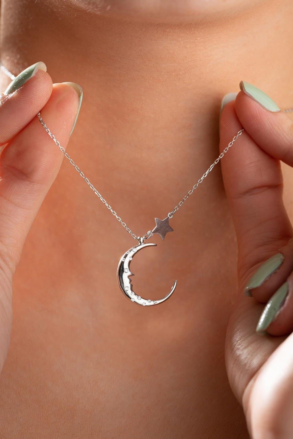 925 Sterling Silver Moon Star Necklace | Rhodium Crescent Pendant | Celestial Gift for Her