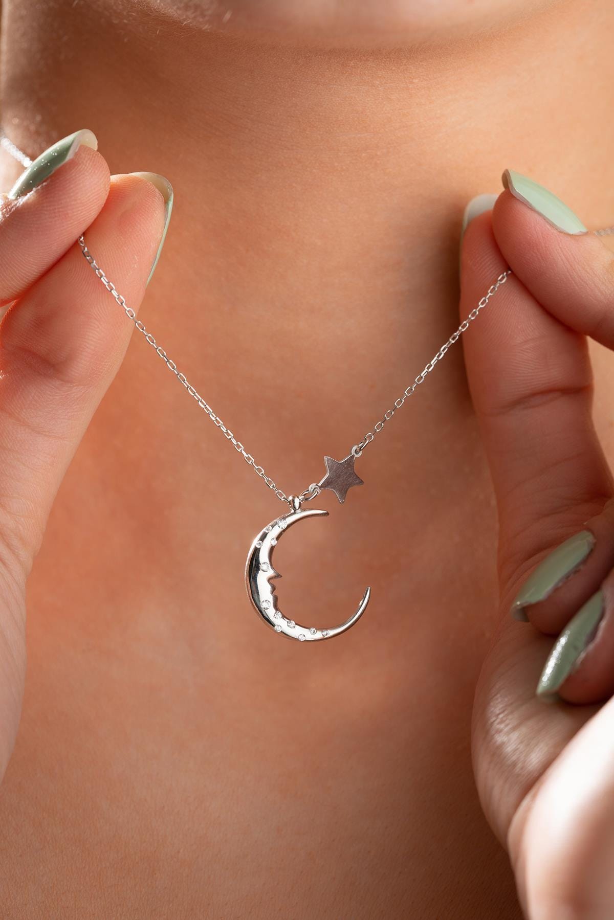 925 Sterling Silver Moon Star Necklace | Rhodium Crescent Pendant | Celestial Gift for Her