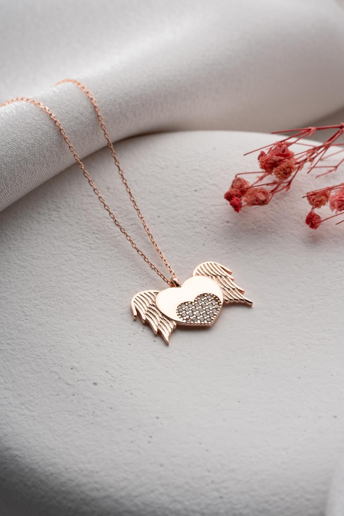 925 Sterling Silver Rose Gold Flying Heart Necklace | Zircon Romantic Gift for Her