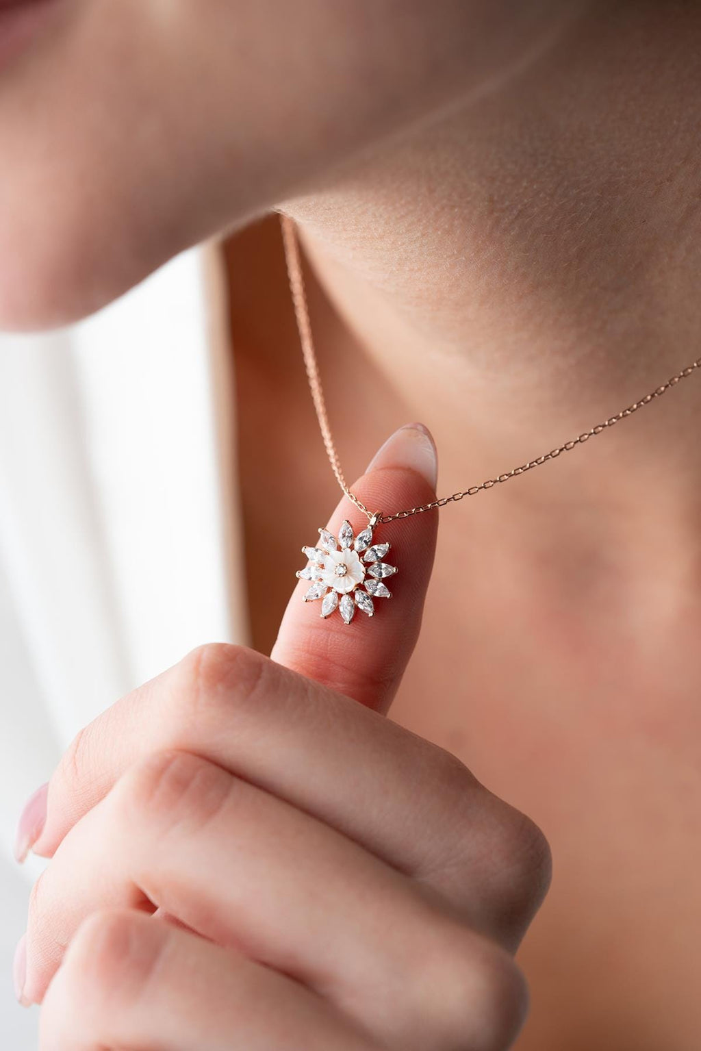 925 Sterling Silver Rose Gold Magnolia Flower Necklace | Marquise Zircon Pendant