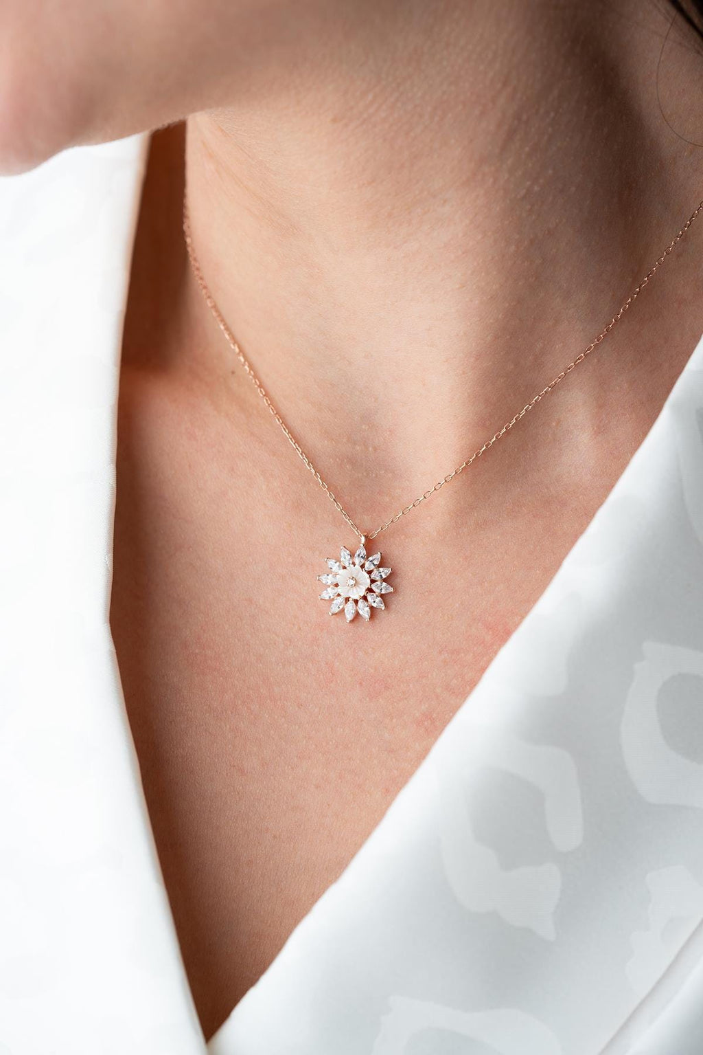 925 Sterling Silver Rose Gold Magnolia Flower Necklace | Marquise Zircon Pendant