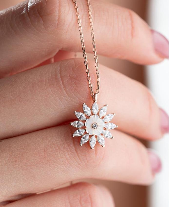 925 Sterling Silver Rose Gold Magnolia Flower Necklace | Marquise Zircon Pendant