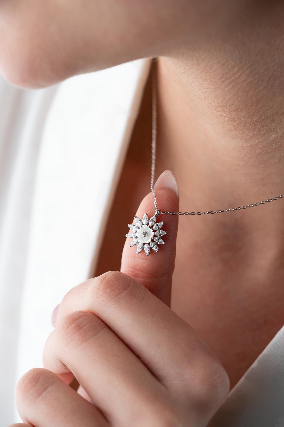 925 Sterling Silver Rhodium Magnolia Necklace | Marquise Zircon Flower Pendant
