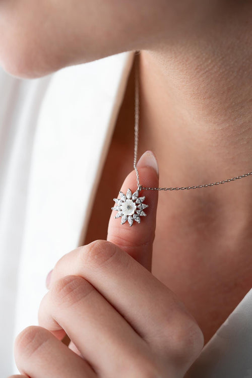 925 Sterling Silver Rhodium Magnolia Necklace | Marquise Zircon Flower Pendant