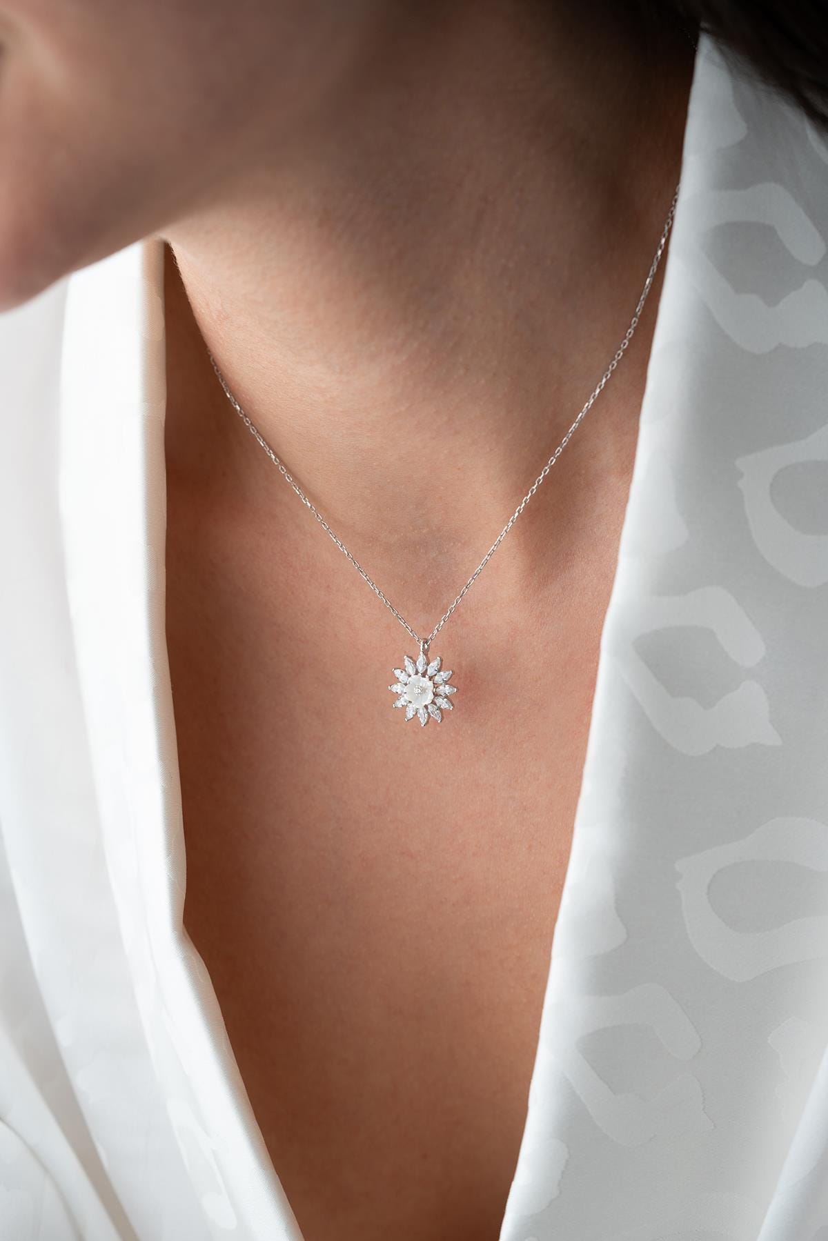925 Sterling Silver Rhodium Magnolia Necklace | Marquise Zircon Flower Pendant