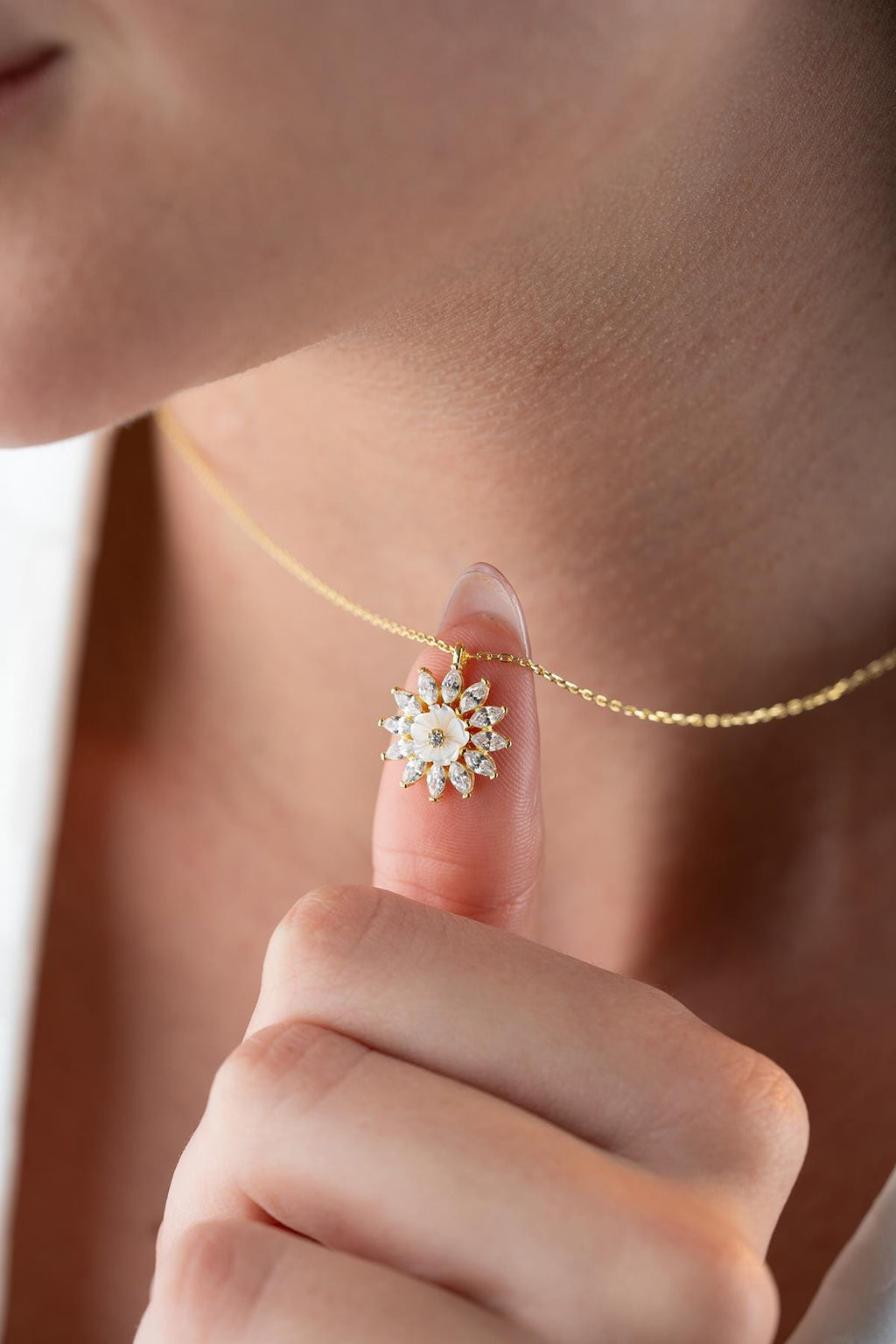 925 Sterling Silver 14K Gold Plated Magnolia Necklace | Marquise Zircon Flower