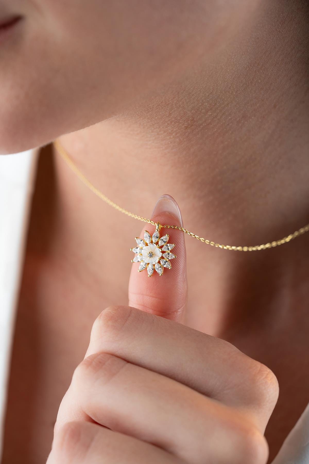 925 Sterling Silver 14K Gold Plated Magnolia Necklace | Marquise Zircon Flower