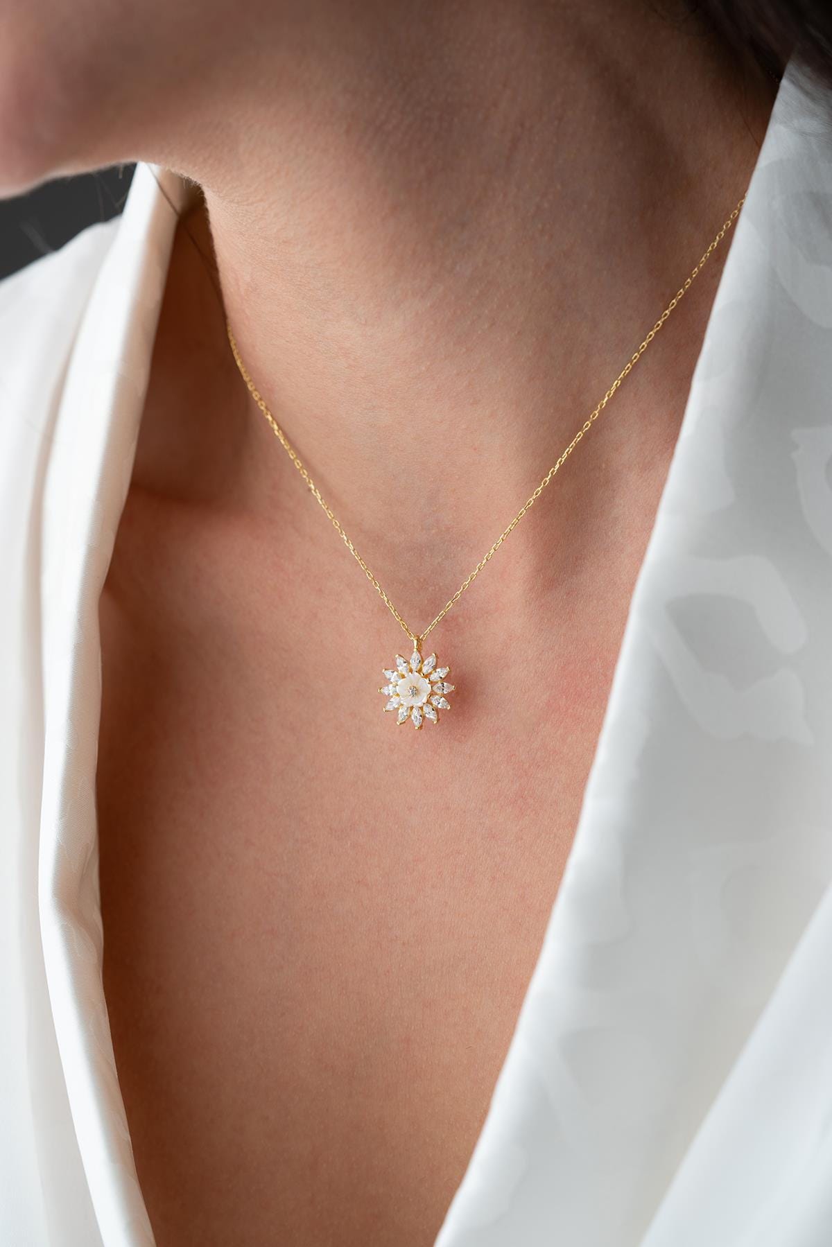 925 Sterling Silver 14K Gold Plated Magnolia Necklace | Marquise Zircon Flower