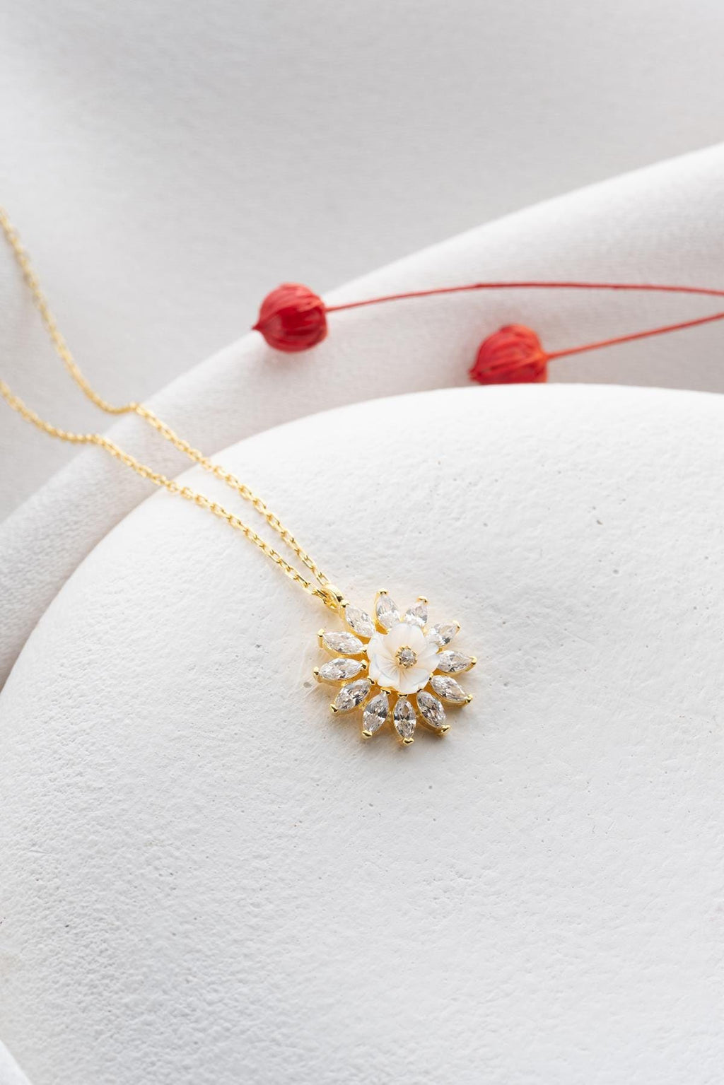 925 Sterling Silver 14K Gold Plated Magnolia Necklace | Marquise Zircon Flower