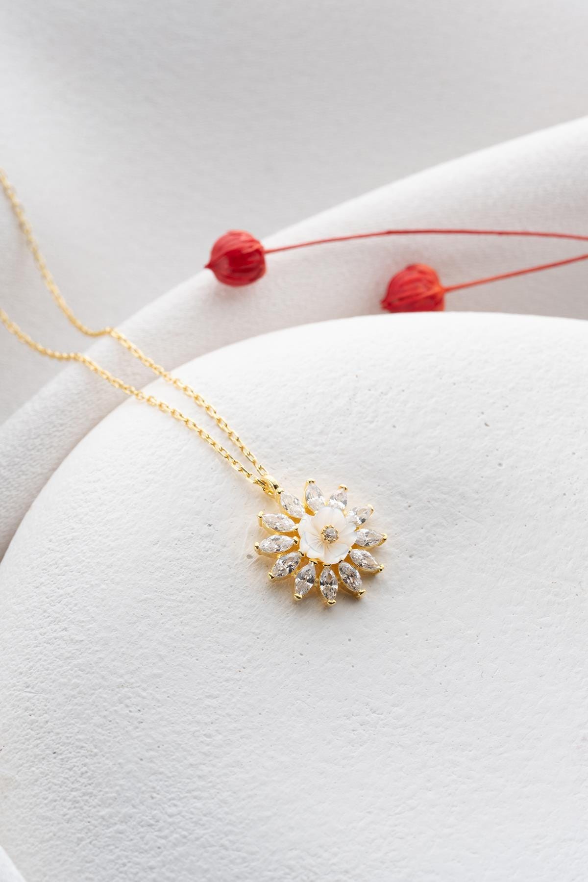 925 Sterling Silver 14K Gold Plated Magnolia Necklace | Marquise Zircon Flower