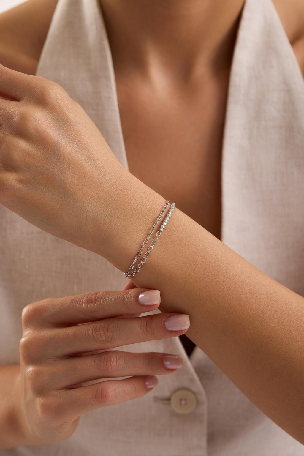 Double Chain Tennis Bracelet, Rhodium Plated Sterling Silver Zircon Bracelet for Women