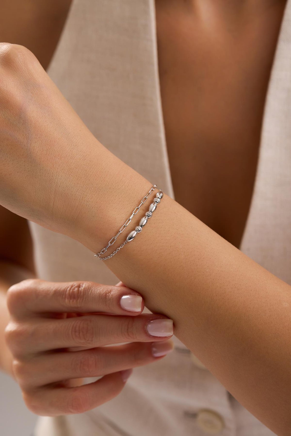 Double Chain Dorika Bracelet, Rhodium Plated Sterling Silver Bead Bracelet for Women