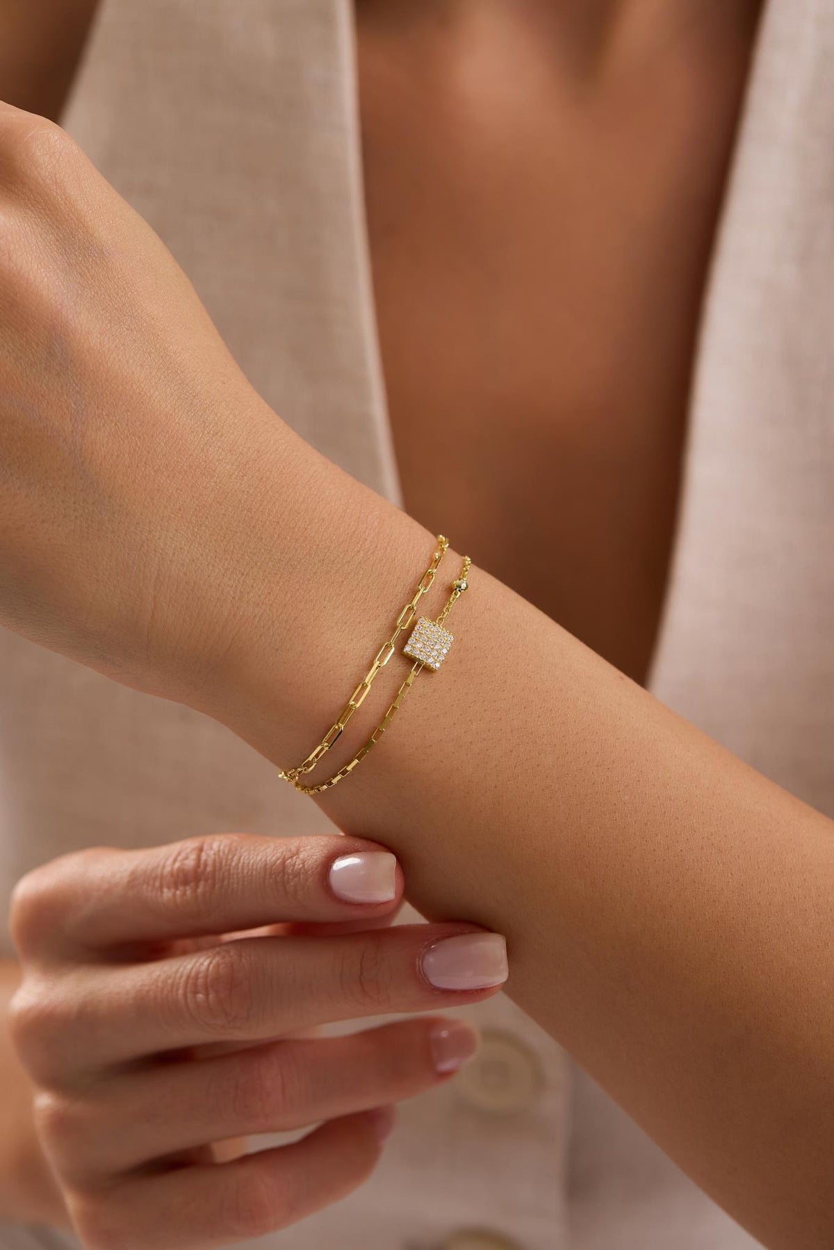 Double Chain Square Bracelet, 14K Gold Plated Sterling Silver Zircon Bracelet