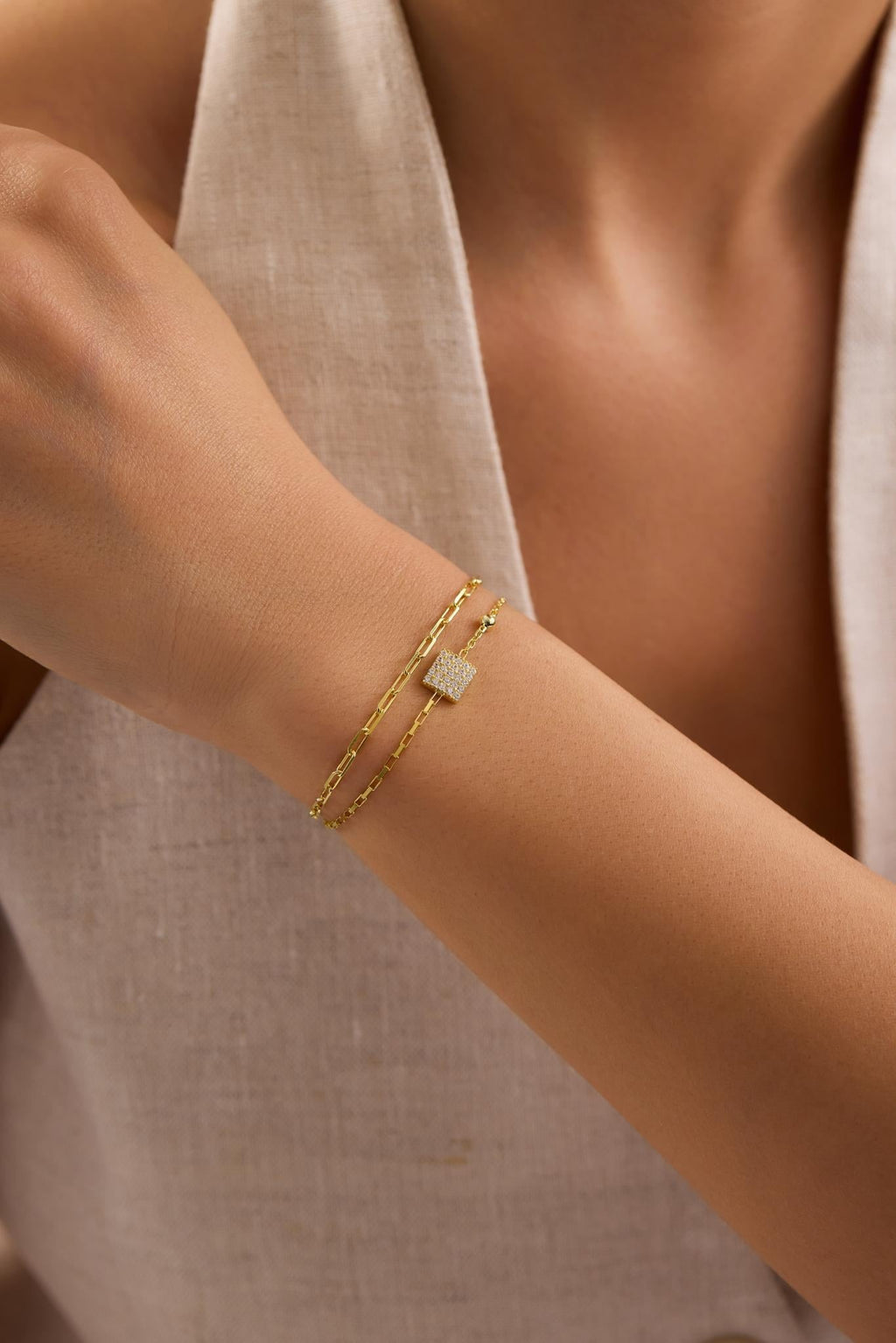 Double Chain Square Bracelet, 14K Gold Plated Sterling Silver Zircon Bracelet