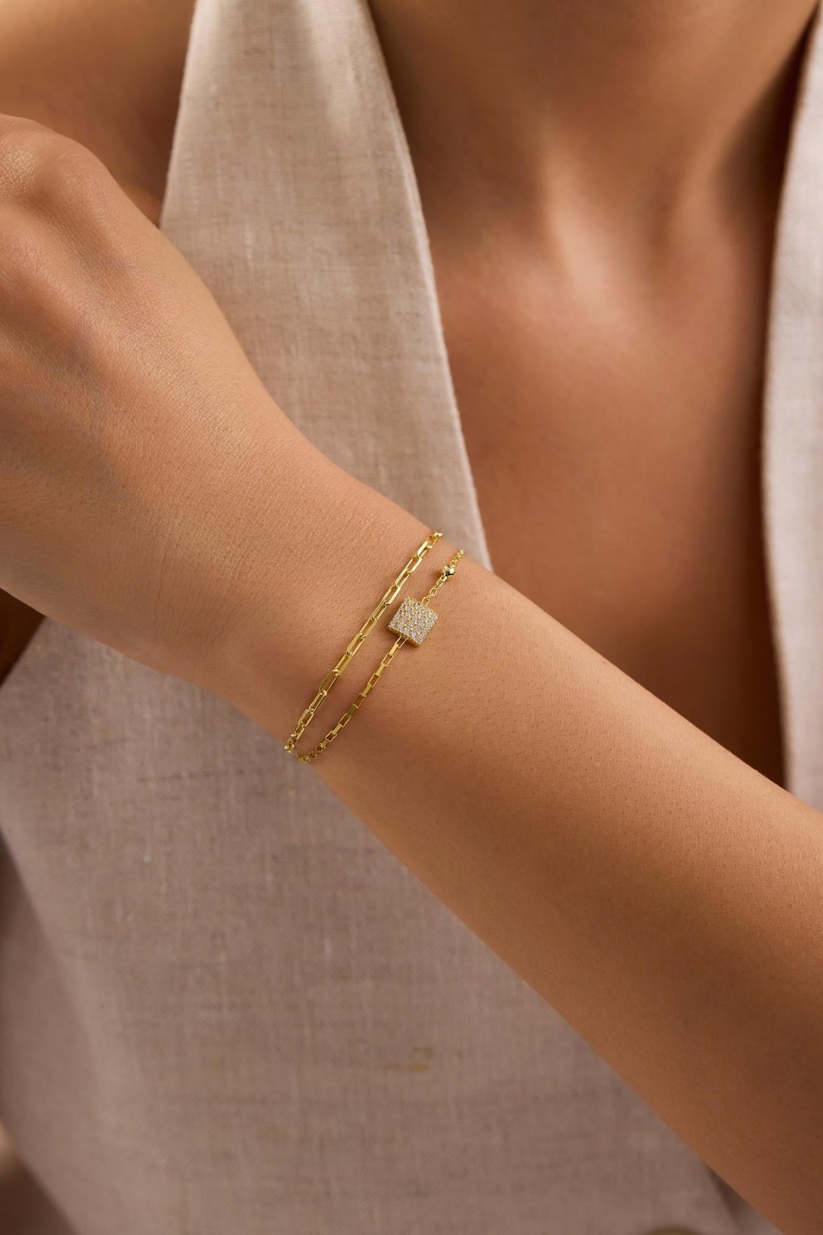 Double Chain Square Bracelet, 14K Gold Plated Sterling Silver Zircon Bracelet