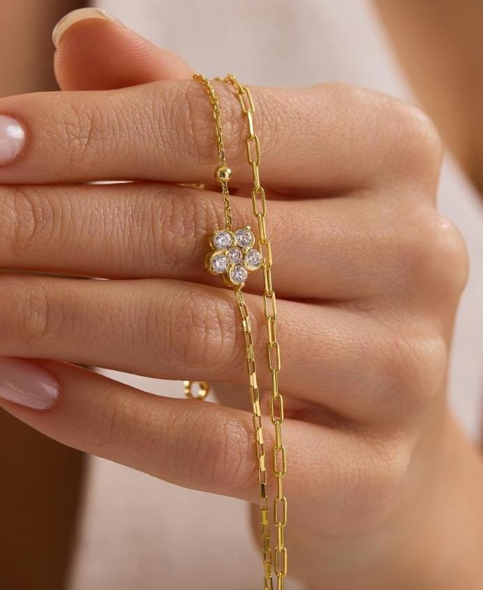 Double Chain Flower Bracelet, 14K Gold Plated Sterling Silver Zircon Bracelet