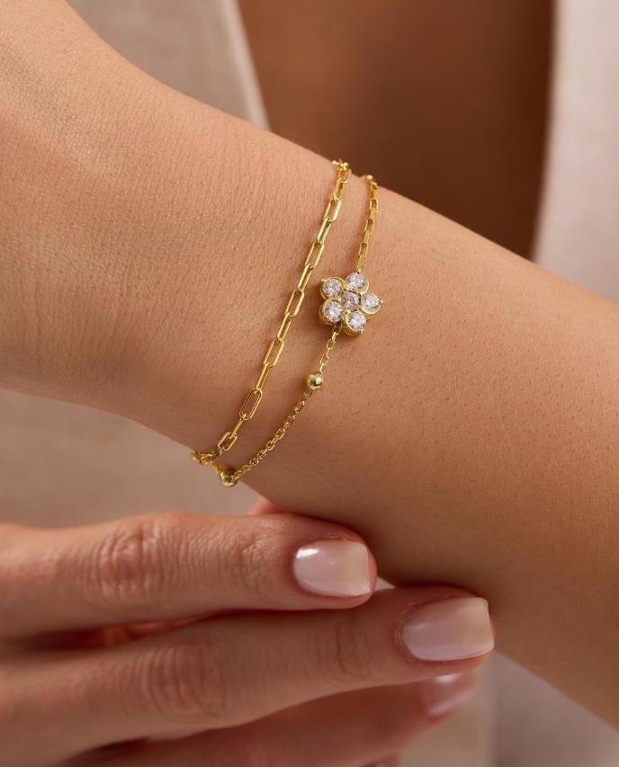 Double Chain Flower Bracelet, 14K Gold Plated Sterling Silver Zircon Bracelet