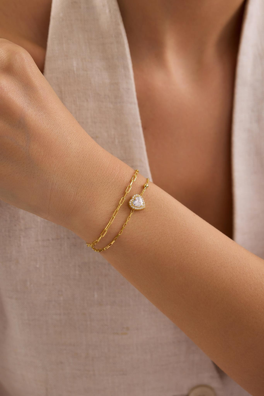 Double Chain Heart Bracelet, 14K Gold Plated Sterling Silver Solitaire Bracelet