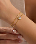 Double Chain Heart Bracelet, 14K Gold Plated Sterling Silver Solitaire Bracelet