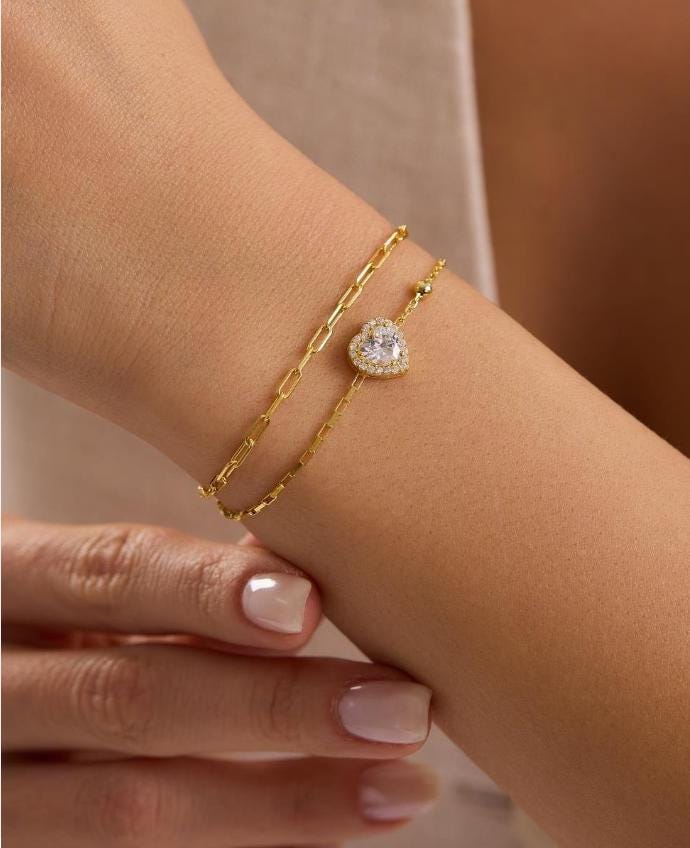 Double Chain Heart Bracelet, 14K Gold Plated Sterling Silver Solitaire Bracelet