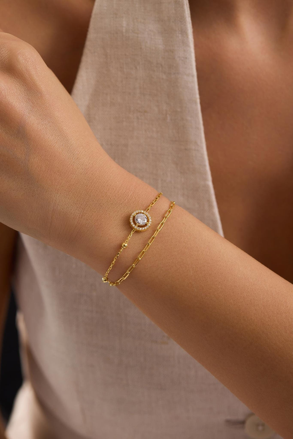 Double Chain Solitaire Bracelet, 14K Gold Plated Sterling Silver Zircon Bracelet