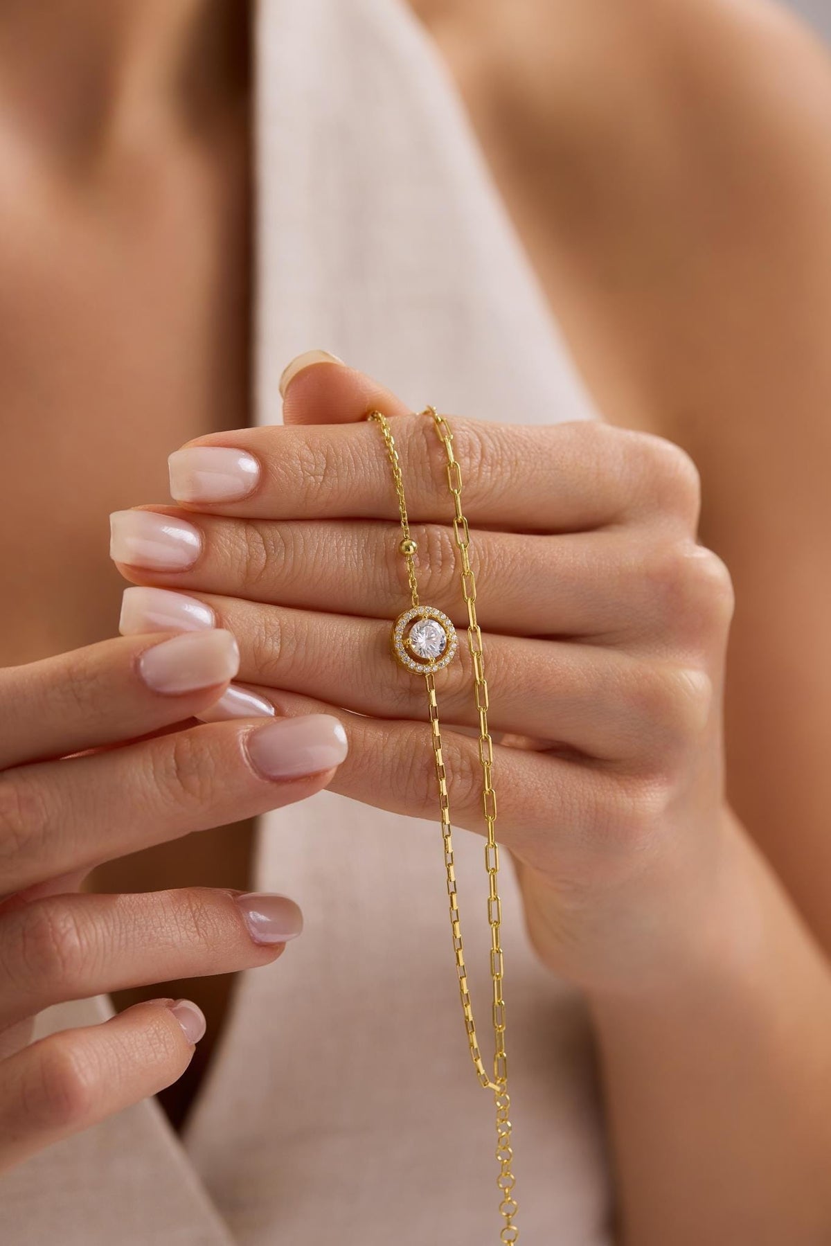 Double Chain Solitaire Bracelet, 14K Gold Plated Sterling Silver Zircon Bracelet