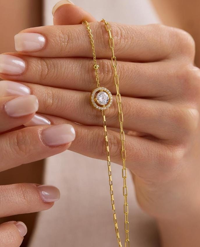 Double Chain Solitaire Bracelet, 14K Gold Plated Sterling Silver Zircon Bracelet