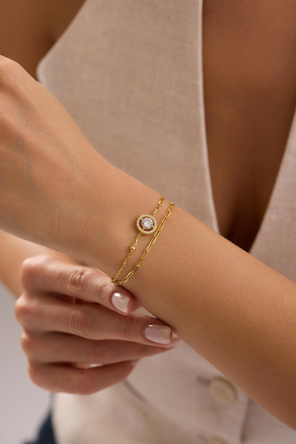 Double Chain Solitaire Bracelet, 14K Gold Plated Sterling Silver Zircon Bracelet