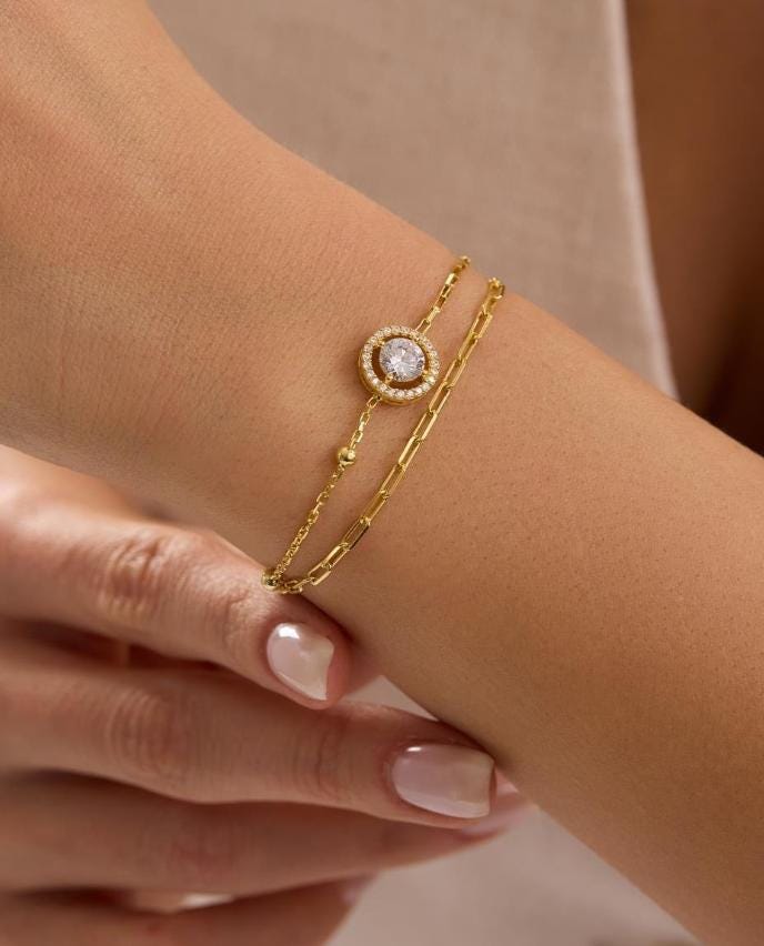 Double Chain Solitaire Bracelet, 14K Gold Plated Sterling Silver Zircon Bracelet