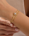 Double Chain Solitaire Bracelet, 14K Gold Plated Sterling Silver Zircon Bracelet