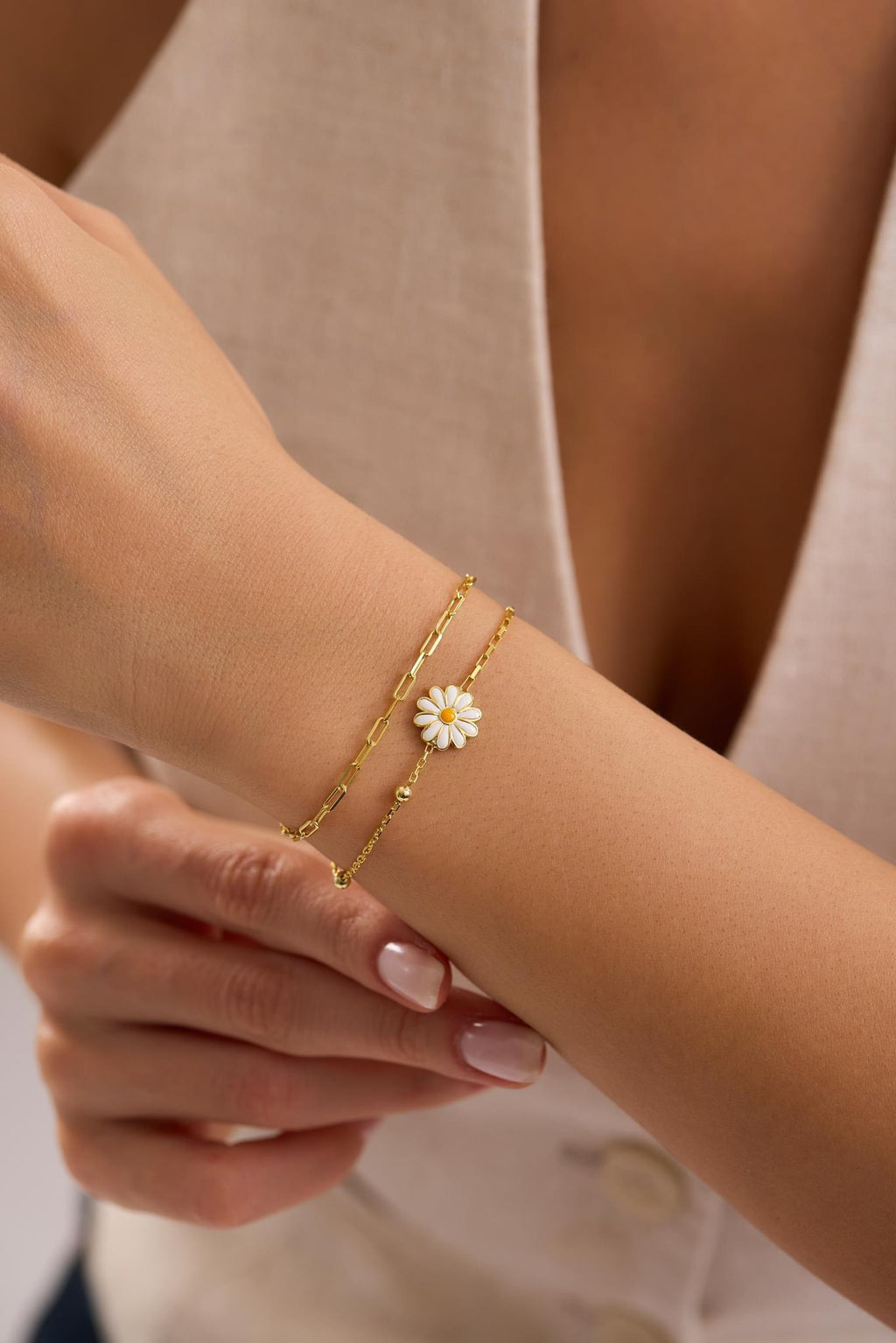 Double Chain Daisy Bracelet, 925 Sterling Silver, 14K Gold Plated, Floral Dainty Bracelet