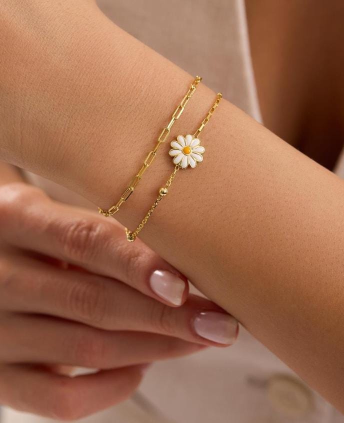 Double Chain Daisy Bracelet, 925 Sterling Silver, 14K Gold Plated, Floral Dainty Bracelet