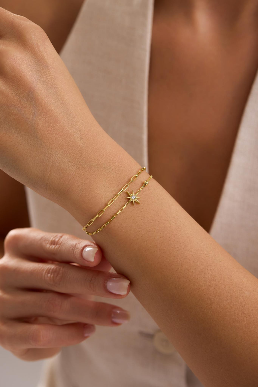 North Star Bracelet, 925 Sterling Silver, 14K Gold Plated, Double Chain Bracelet
