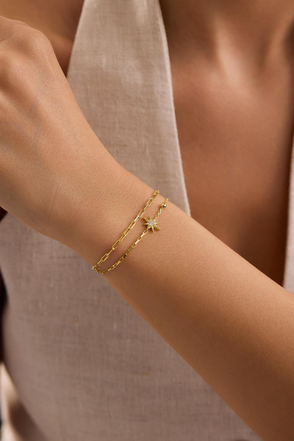 North Star Bracelet, 925 Sterling Silver, 14K Gold Plated, Double Chain Bracelet