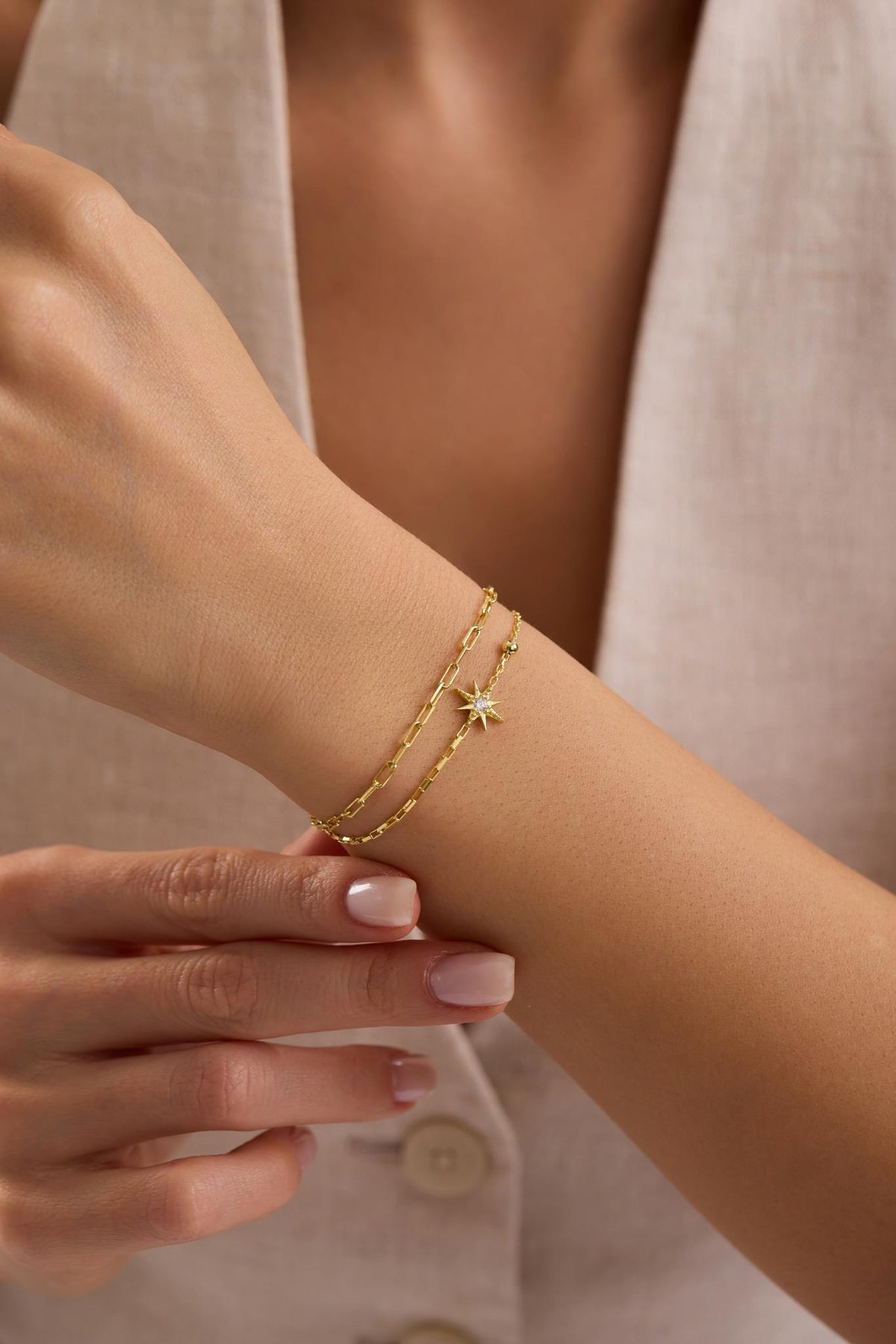 North Star Bracelet, 925 Sterling Silver, 14K Gold Plated, Double Chain Bracelet