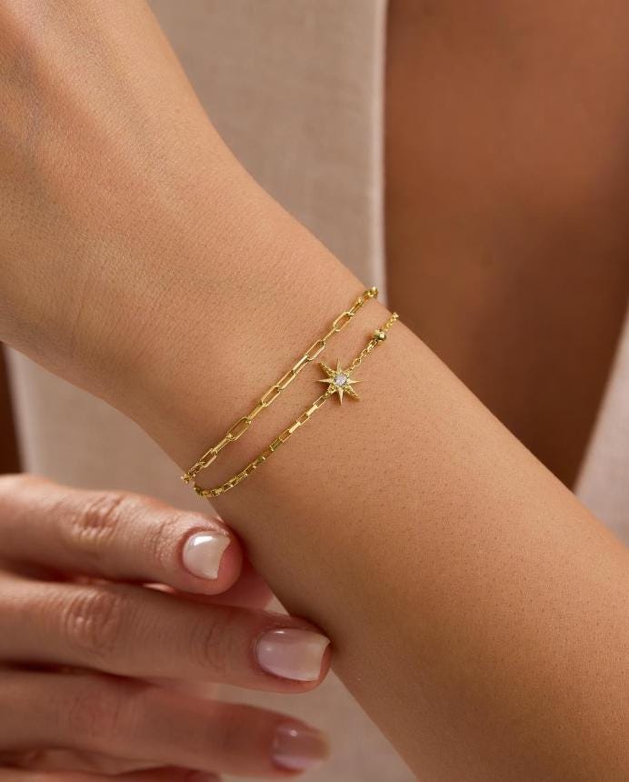 North Star Bracelet, 925 Sterling Silver, 14K Gold Plated, Double Chain Bracelet