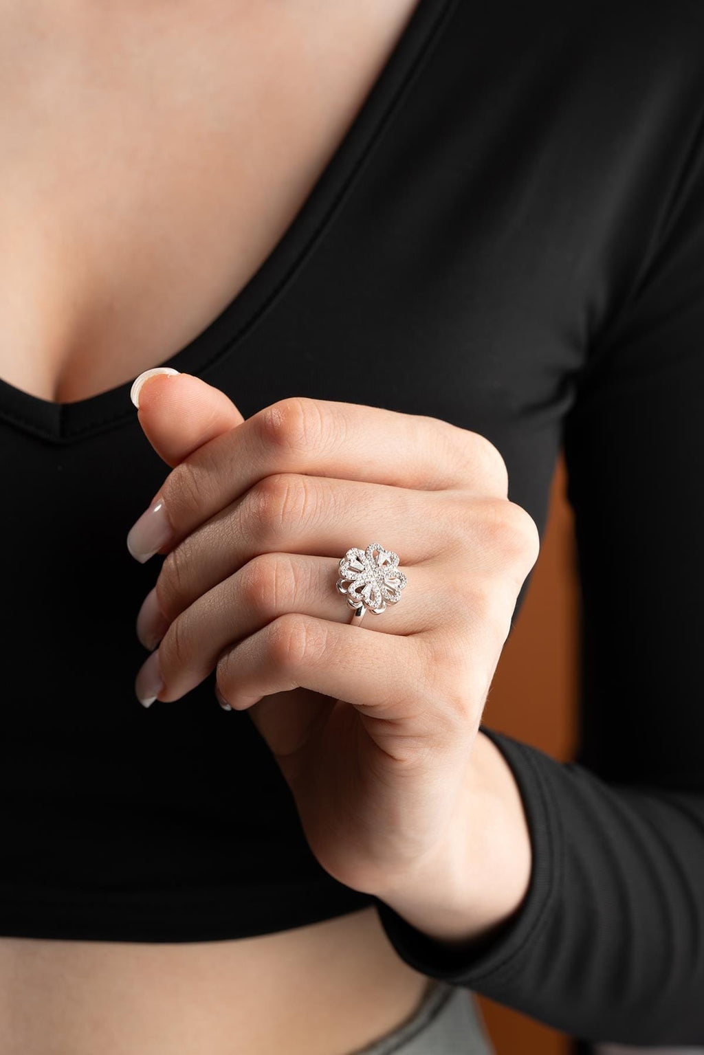 Adjustable Clover Spin Ring | 925 Sterling Silver Zircon Heart Design