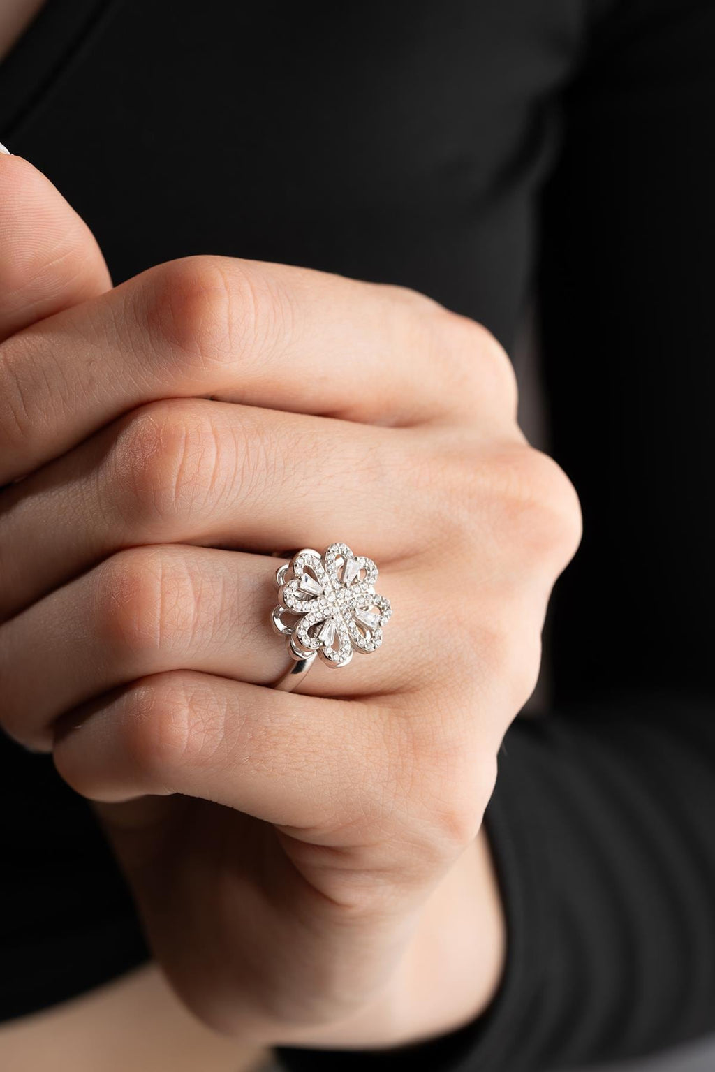 Adjustable Clover Spin Ring | 925 Sterling Silver Zircon Heart Design