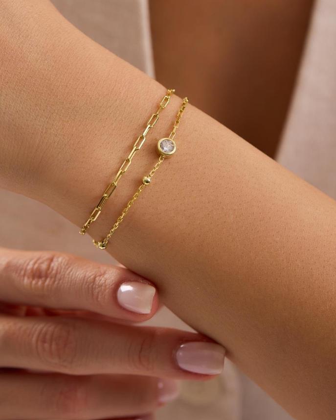 Solitaire Bracelet, 925 Sterling Silver, 14K Gold Plated, Double Chain Zircon Bracelet