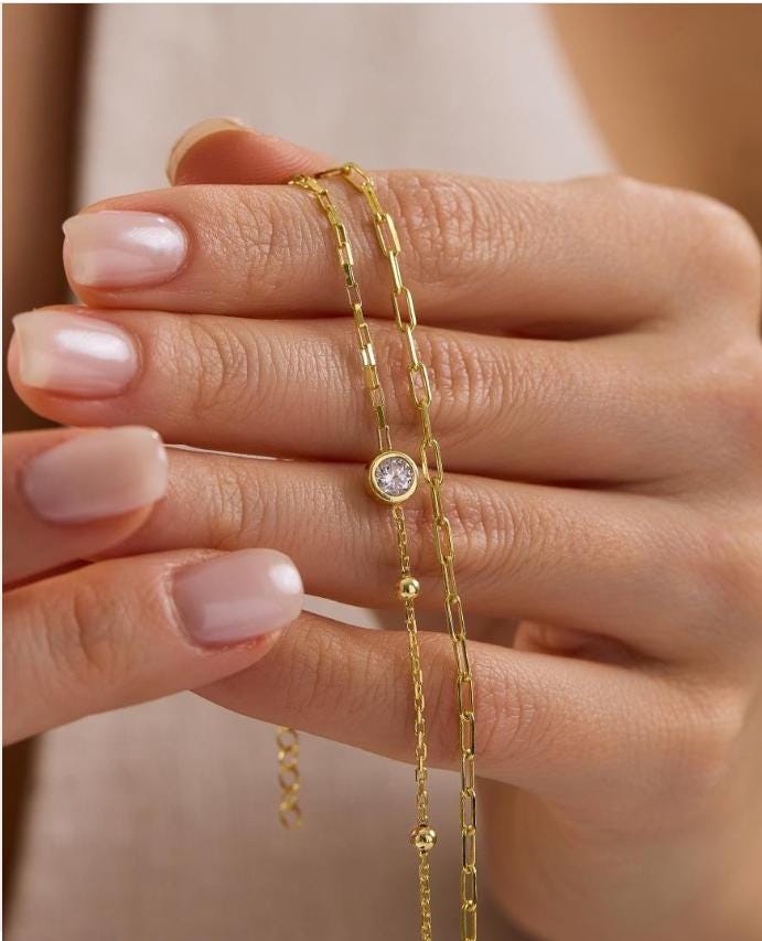 Solitaire Bracelet, 925 Sterling Silver, 14K Gold Plated, Double Chain Zircon Bracelet