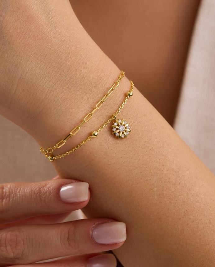Sun Bracelet, 925 Sterling Silver Bracelet, 14K Gold Plated Double Chain Zircon Jewelry