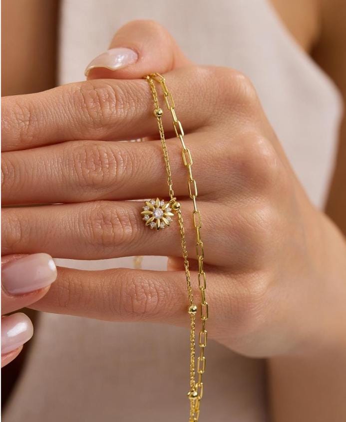 Sun Bracelet, 925 Sterling Silver Bracelet, 14K Gold Plated Double Chain Zircon Jewelry