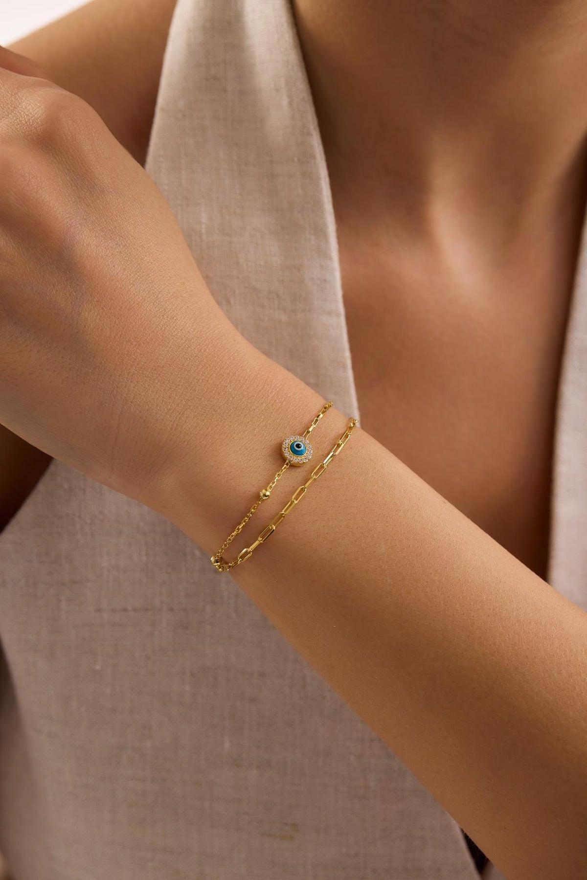 Evil Eye Bracelet, 925 Sterling Silver Bracelet, 14K Gold Plated Double Chain Jewelry
