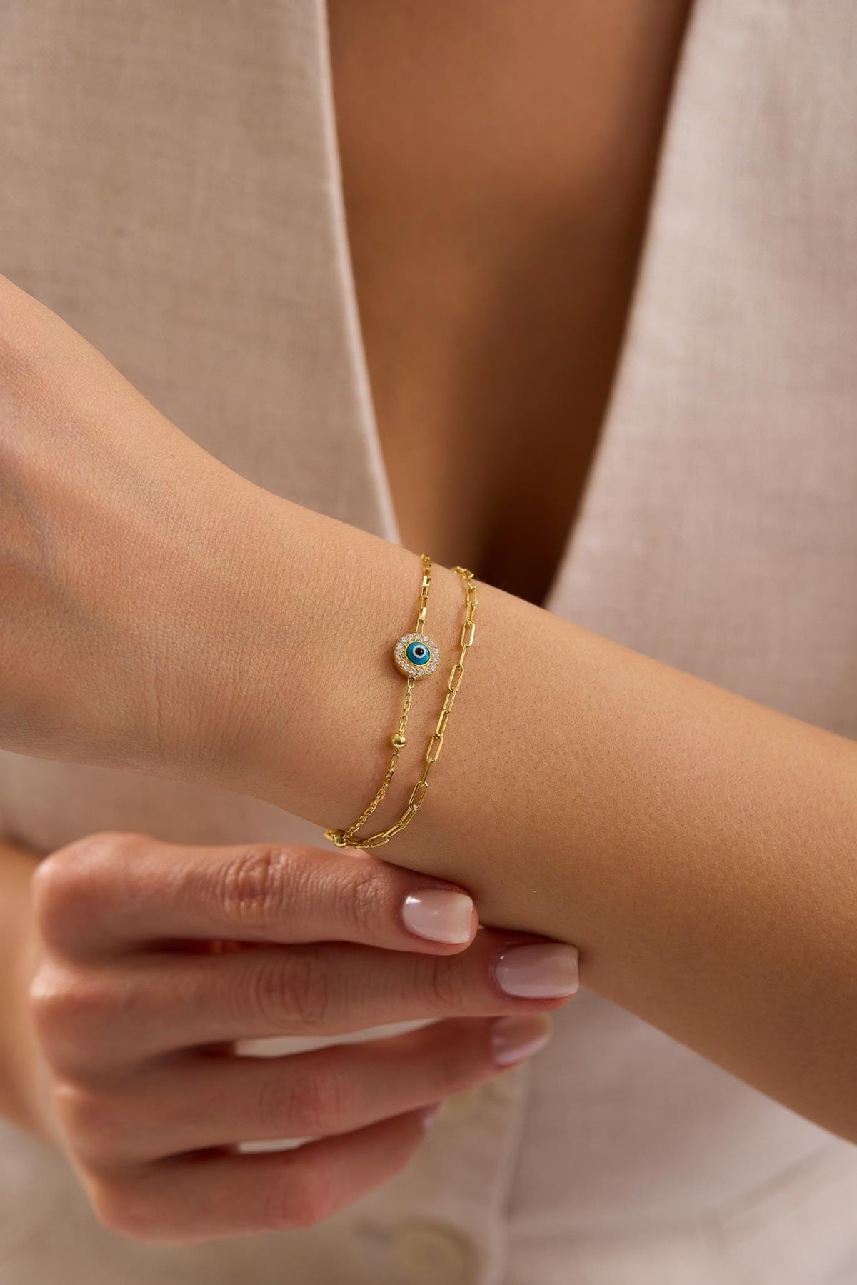 Evil Eye Bracelet, 925 Sterling Silver Bracelet, 14K Gold Plated Double Chain Jewelry
