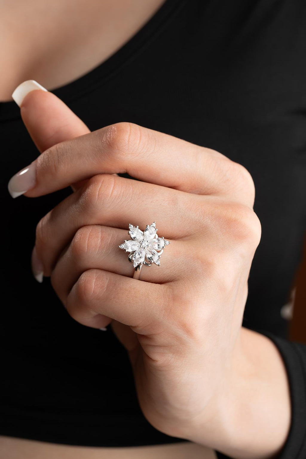 Adjustable Camellia Spin Ring | 925 Sterling Silver White Zircon