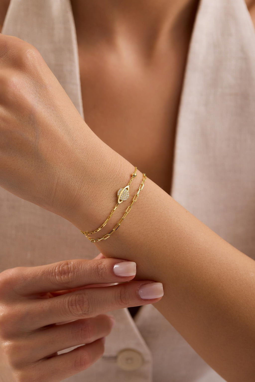 Planet Bracelet, 925 Sterling Silver Bracelet, 14K Gold Plated Double Chain Jewelry